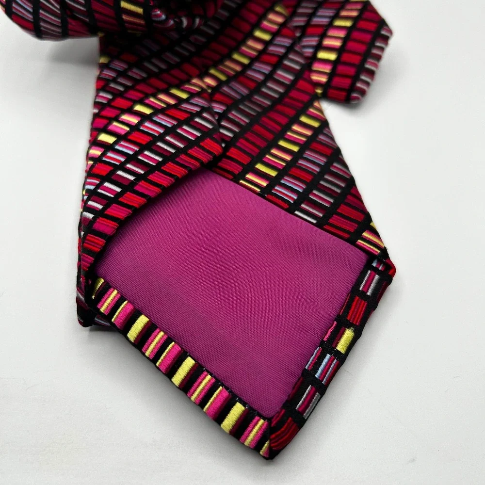 Duchamp‎ London Mens Silk Tie Red Pink Yellow Geometric Grid Made in England